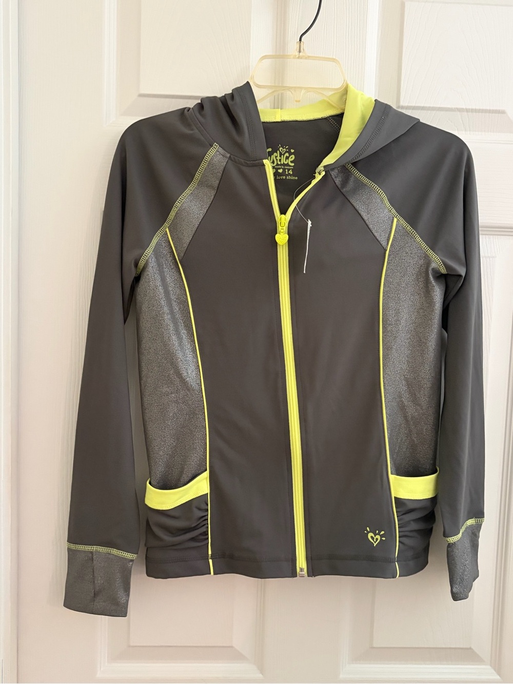 NWOT Justice Girls' Gray & Neon Yellow Hooded Zip Jacket